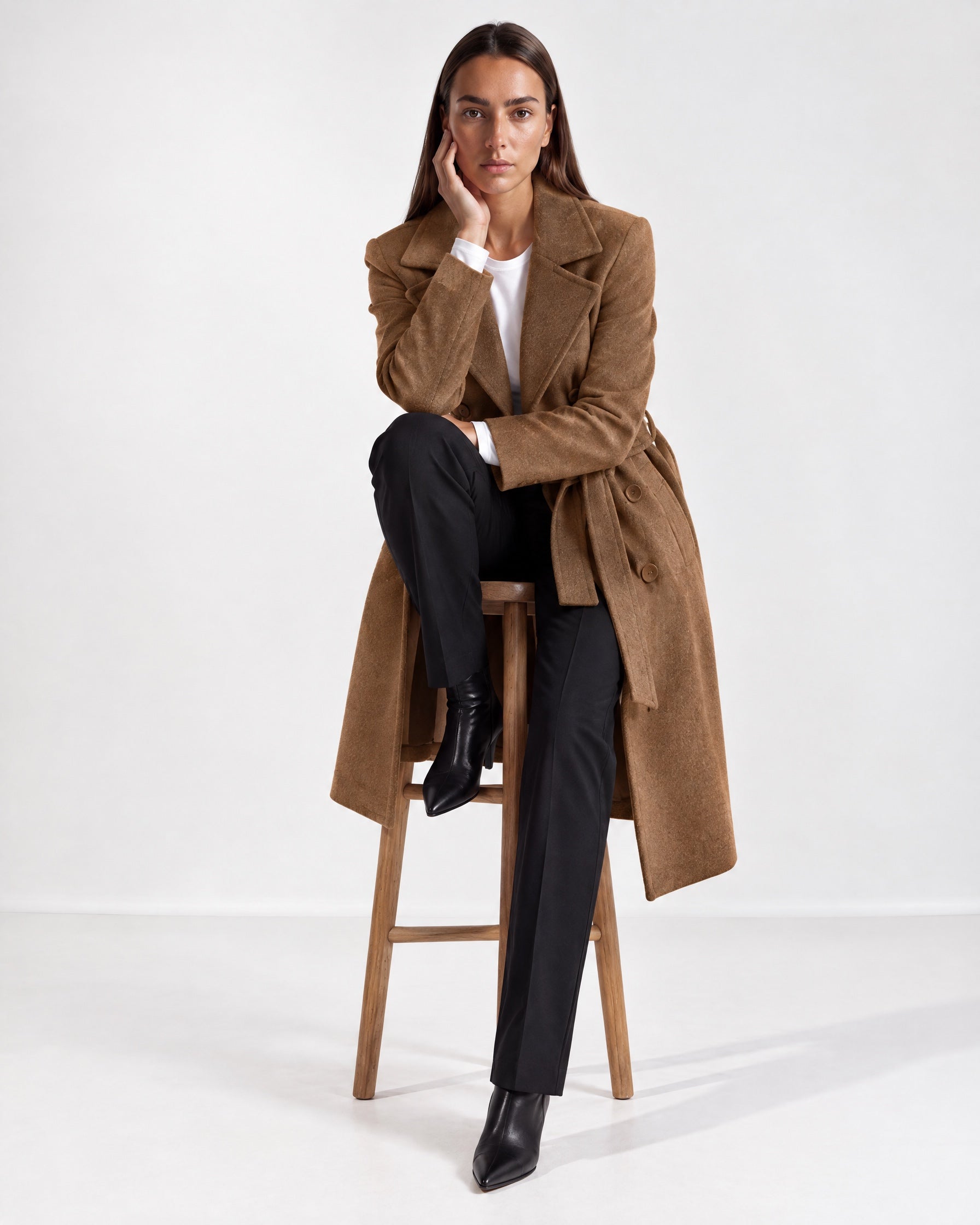 Brown Longline Coat Tailored Double Breasted Coat with Notch Lapel and Belted Waist