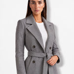 Grey Longline Coat Tailored Double Breasted Coat with Notch Lapel and Belted Waist