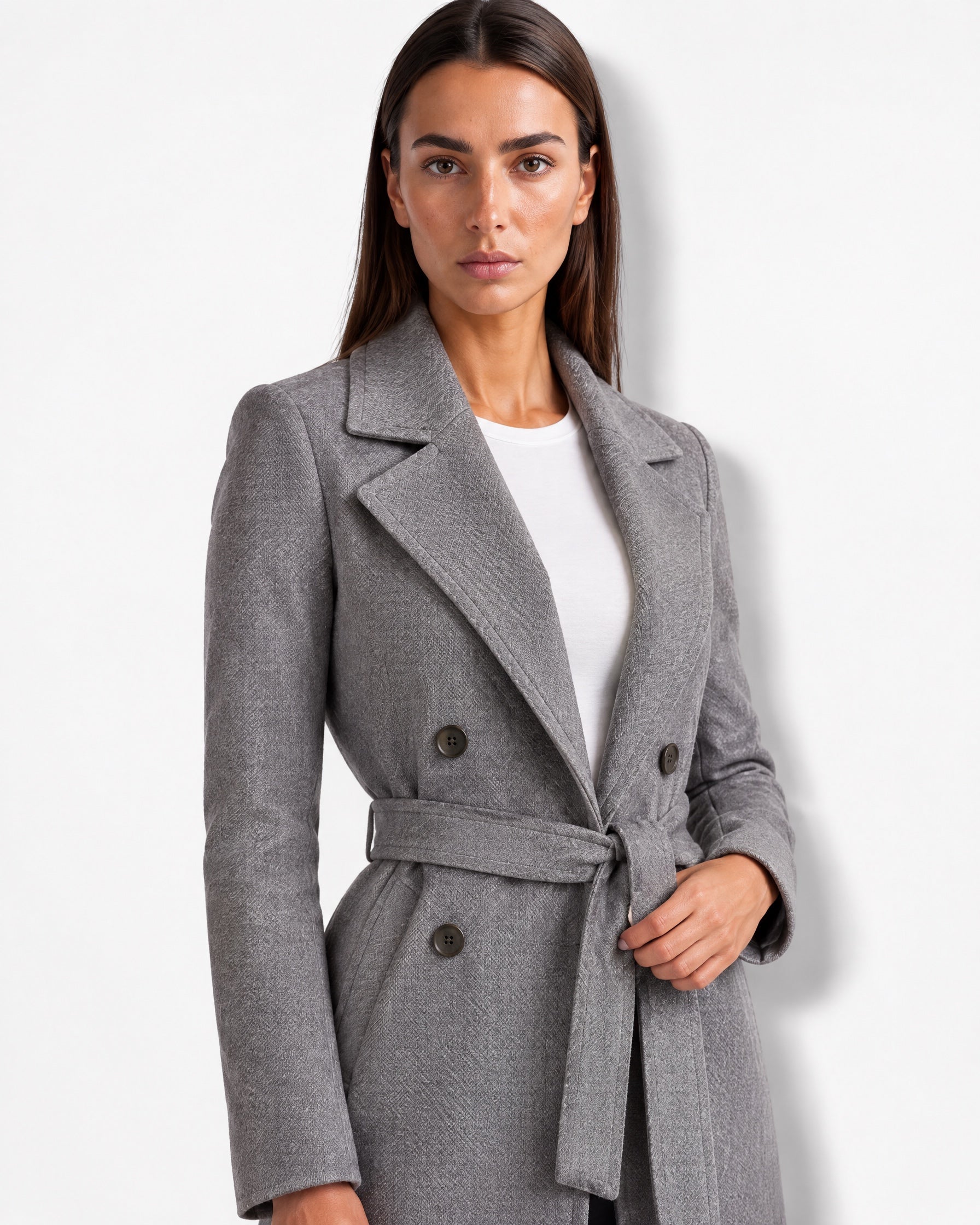 Grey Longline Coat Tailored Double Breasted Coat with Notch Lapel and Belted Waist