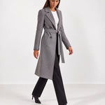 Grey Longline Coat Tailored Double Breasted Coat with Notch Lapel and Belted Waist