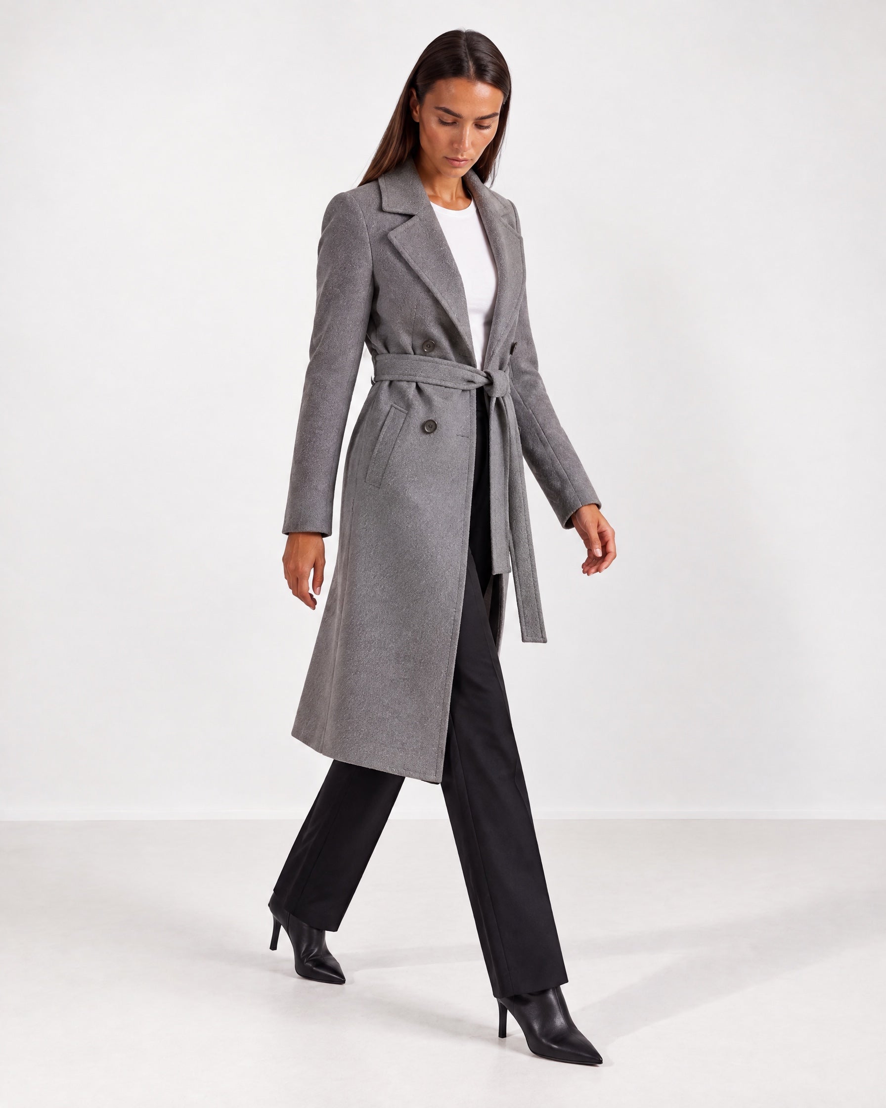 Grey Longline Coat Tailored Double Breasted Coat with Notch Lapel and Belted Waist