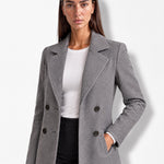 Grey Longline Coat Tailored Double Breasted Coat with Notch Lapel and Belted Waist