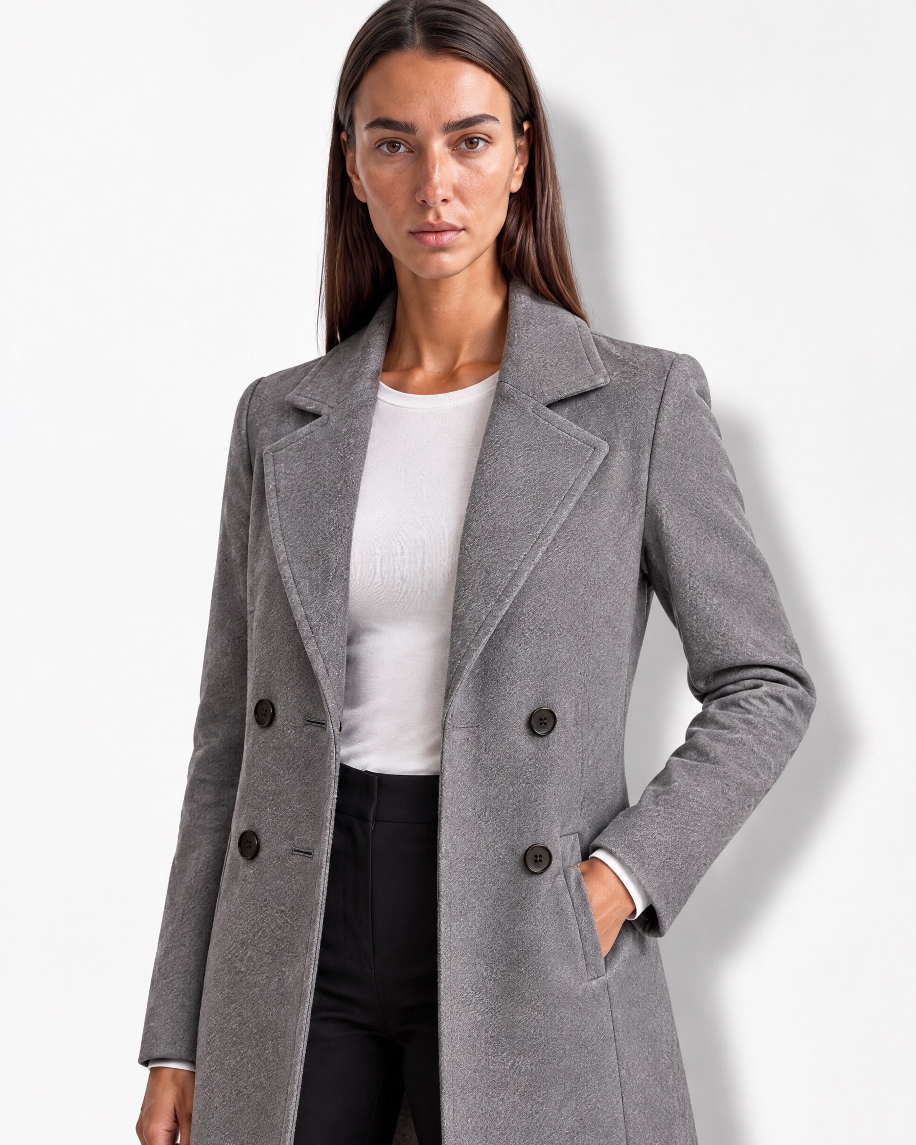 Grey Longline Coat Tailored Double Breasted Coat with Notch Lapel and Belted Waist