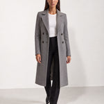 Grey Longline Coat Tailored Double Breasted Coat with Notch Lapel and Belted Waist