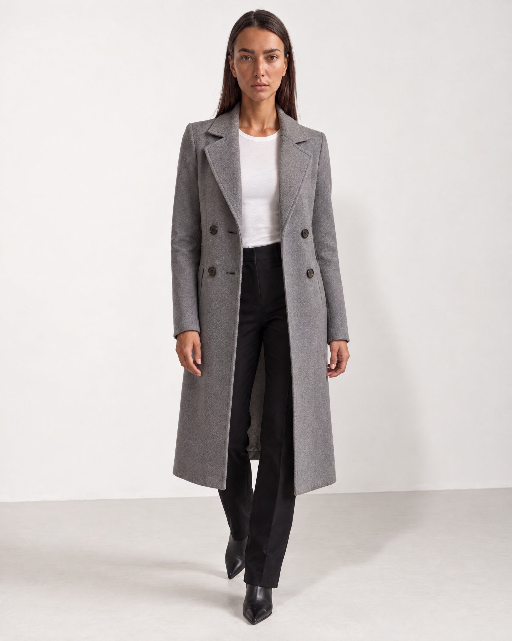 Grey Longline Coat Tailored Double Breasted Coat with Notch Lapel and Belted Waist