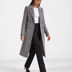 Grey Longline Coat Tailored Double Breasted Coat with Notch Lapel and Belted Waist
