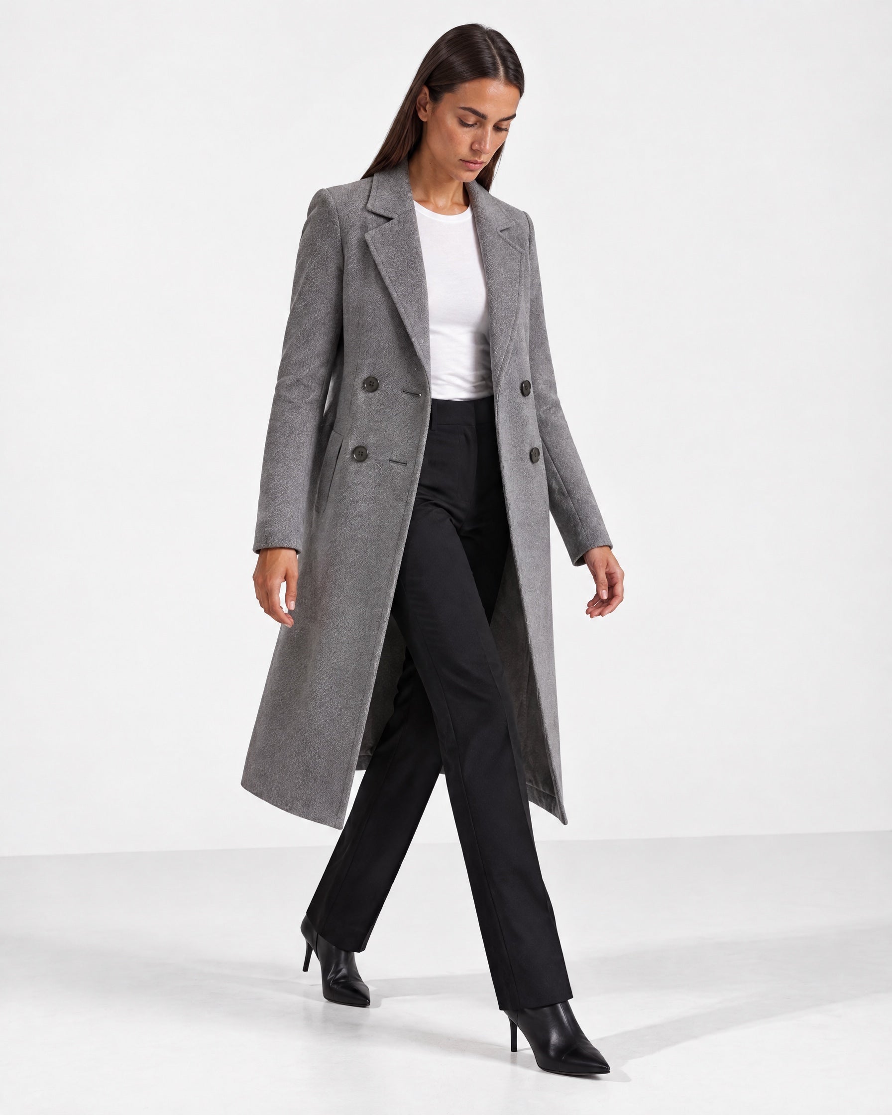 Grey Longline Coat Tailored Double Breasted Coat with Notch Lapel and Belted Waist