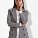 Grey Longline Coat Tailored Double Breasted Coat with Notch Lapel and Belted Waist