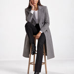 Grey Longline Coat Tailored Double Breasted Coat with Notch Lapel and Belted Waist