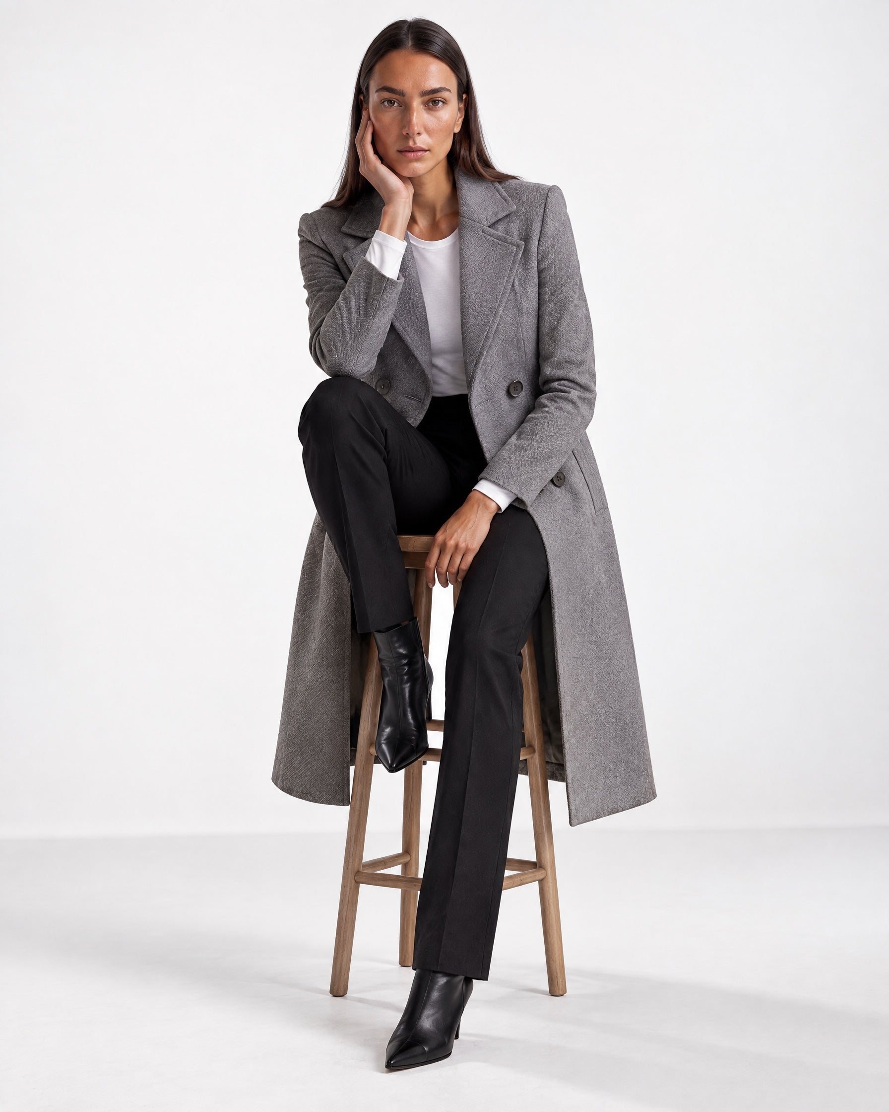 Grey Longline Coat Tailored Double Breasted Coat with Notch Lapel and Belted Waist