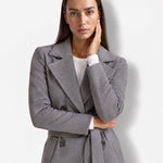 Grey Longline Coat Tailored Double Breasted Coat with Notch Lapel and Belted Waist