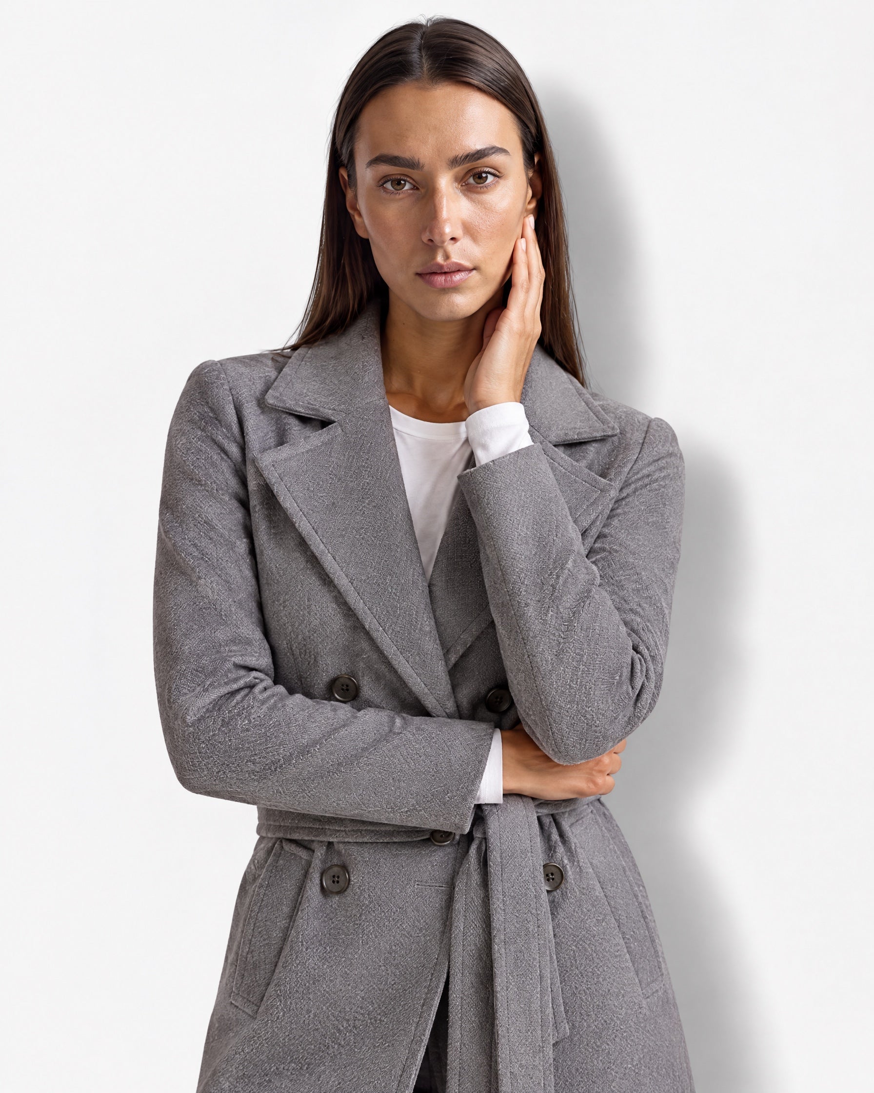 Grey Longline Coat Tailored Double Breasted Coat with Notch Lapel and Belted Waist