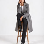 Grey Longline Coat Tailored Double Breasted Coat with Notch Lapel and Belted Waist
