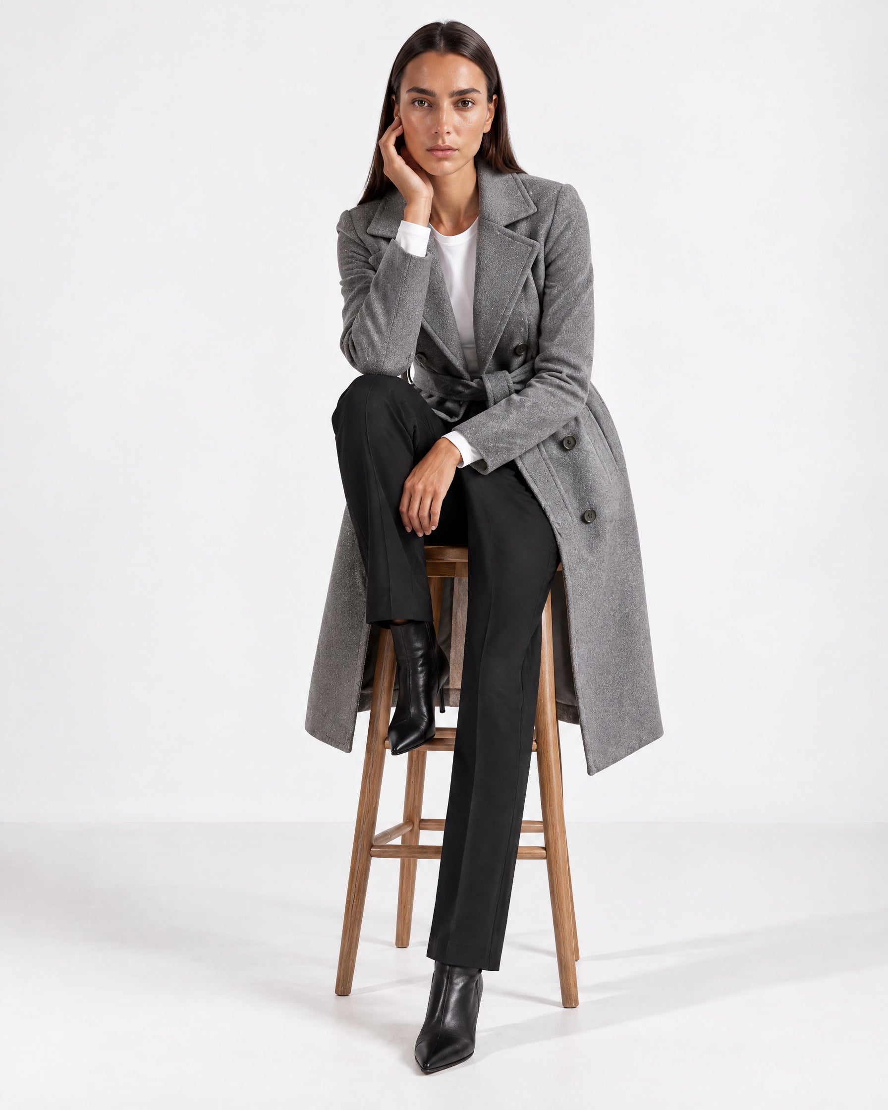 Grey Longline Coat Tailored Double Breasted Coat with Notch Lapel and Belted Waist