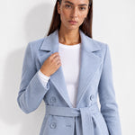 Light Blue Longline Coat Tailored Double Breasted Coat with Notch Lapel and Belted Waist