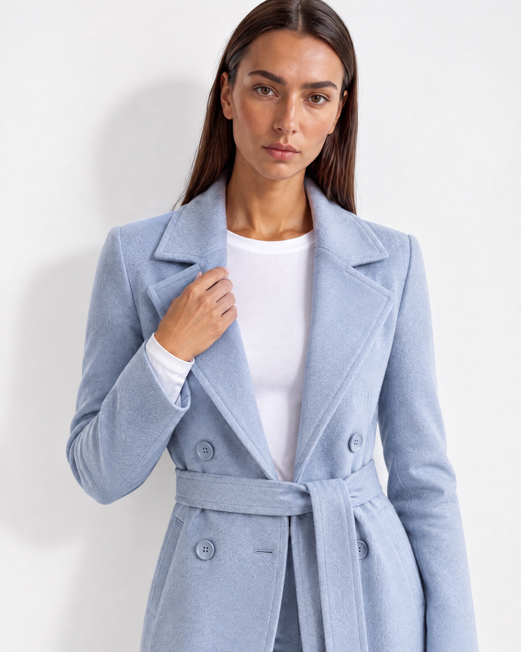 Light Blue Longline Coat Tailored Double Breasted Coat with Notch Lapel and Belted Waist