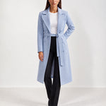 Light Blue Longline Coat Tailored Double Breasted Coat with Notch Lapel and Belted Waist