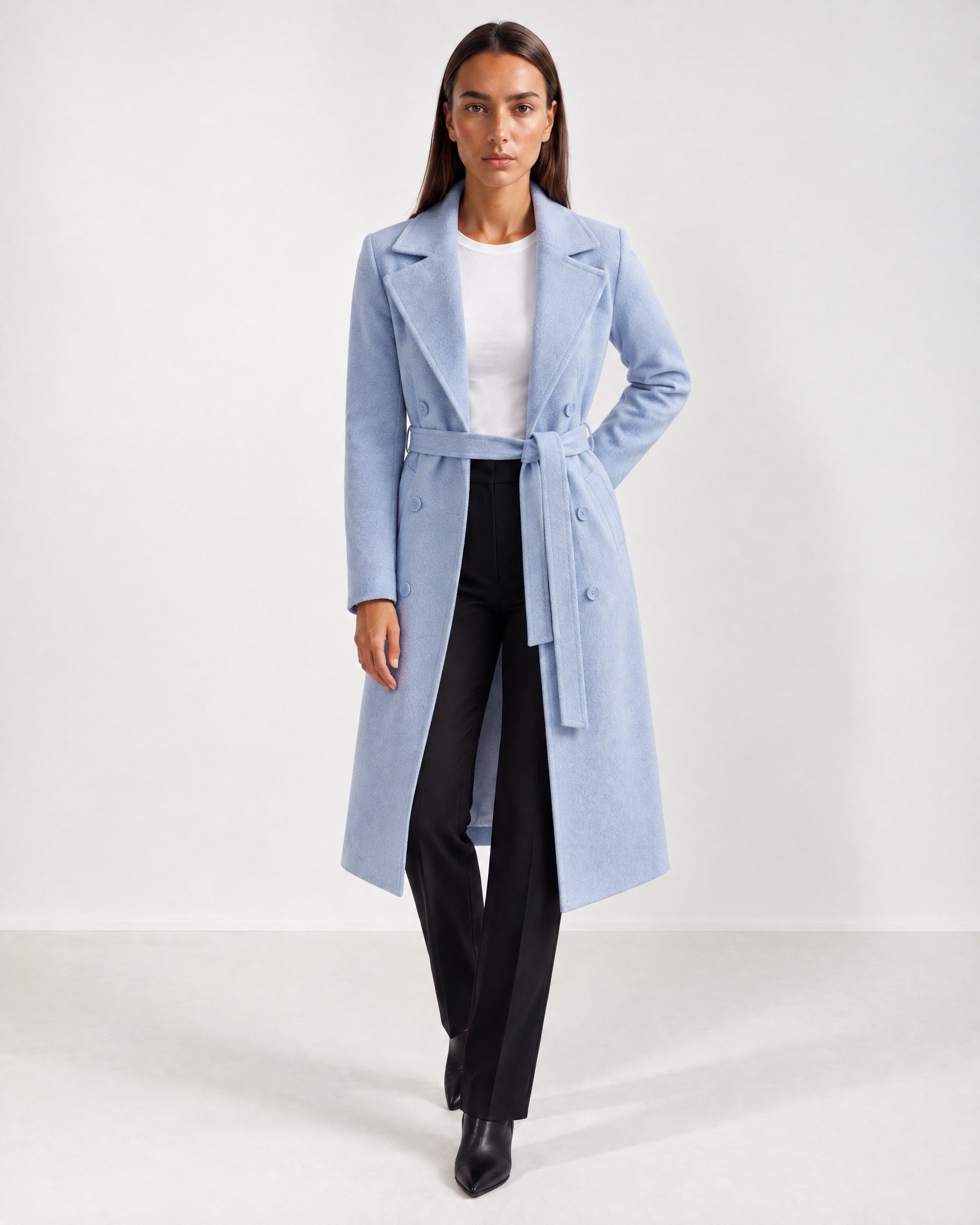 Light Blue Longline Coat Tailored Double Breasted Coat with Notch Lapel and Belted Waist