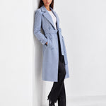 Light Blue Longline Coat Tailored Double Breasted Coat with Notch Lapel and Belted Waist