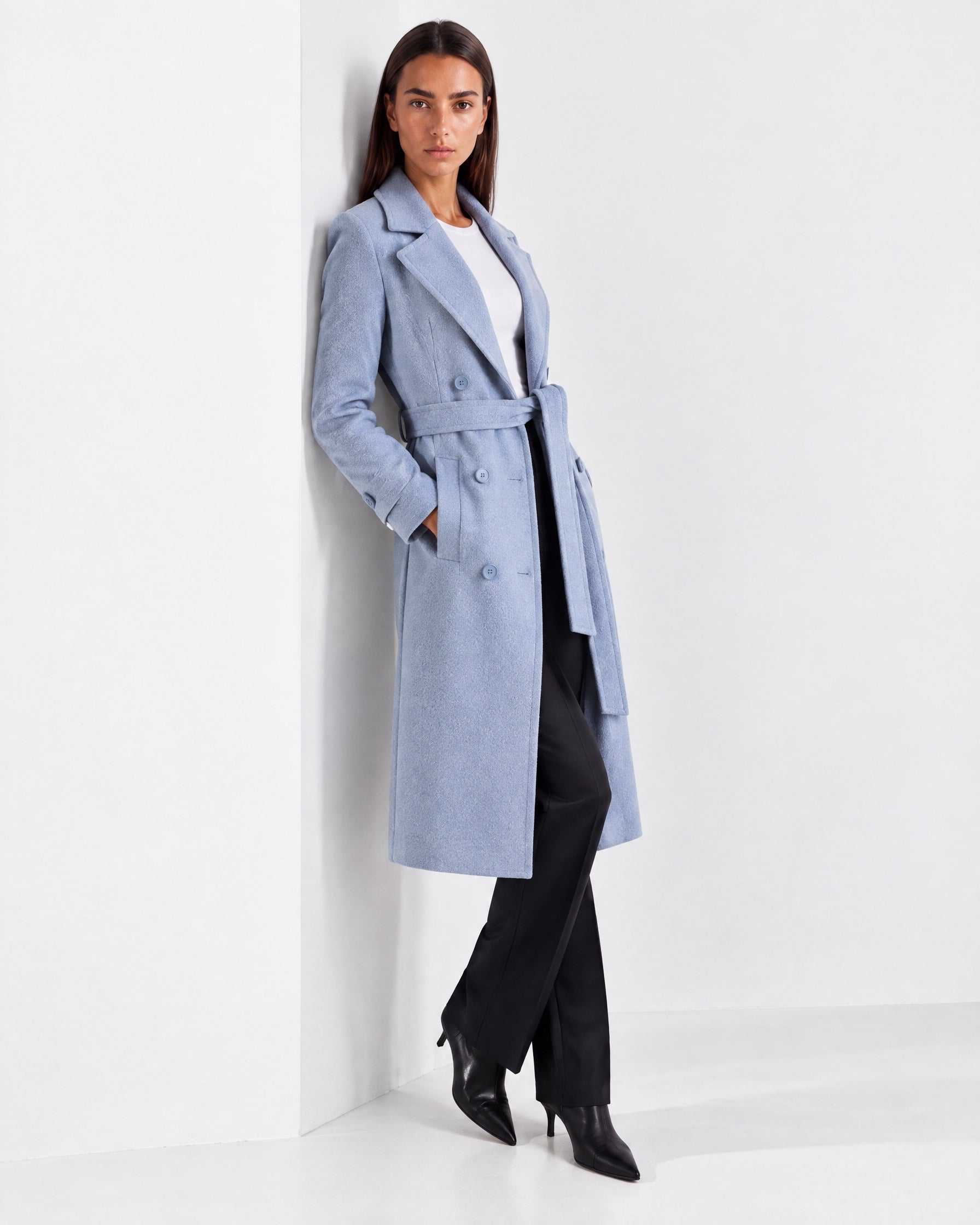 Light Blue Longline Coat Tailored Double Breasted Coat with Notch Lapel and Belted Waist
