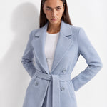 Light Blue Longline Coat Tailored Double Breasted Coat with Notch Lapel and Belted Waist