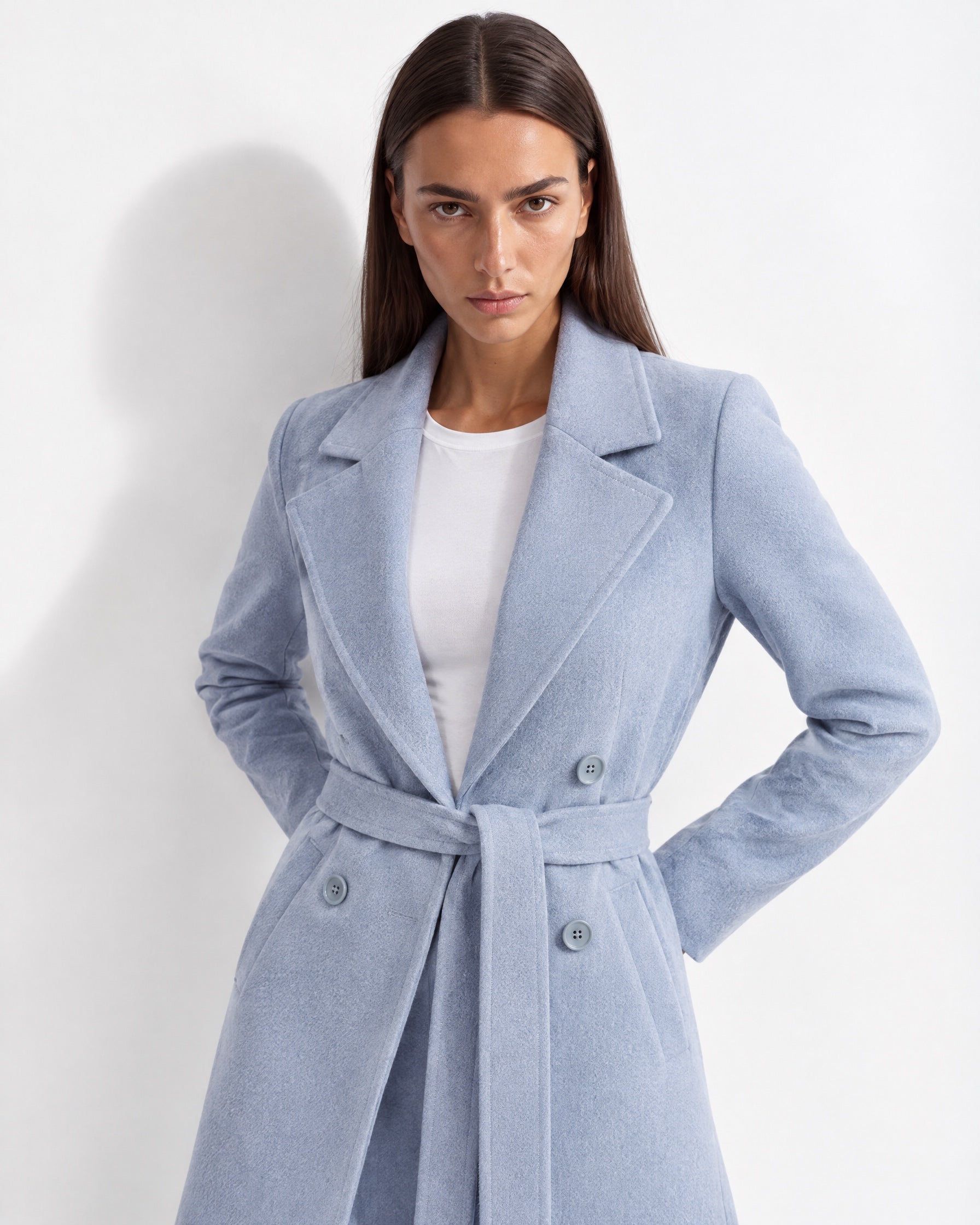 Light Blue Longline Coat Tailored Double Breasted Coat with Notch Lapel and Belted Waist