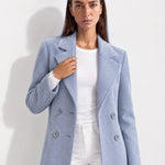 Light Blue Longline Coat Tailored Double Breasted Coat with Notch Lapel and Belted Waist
