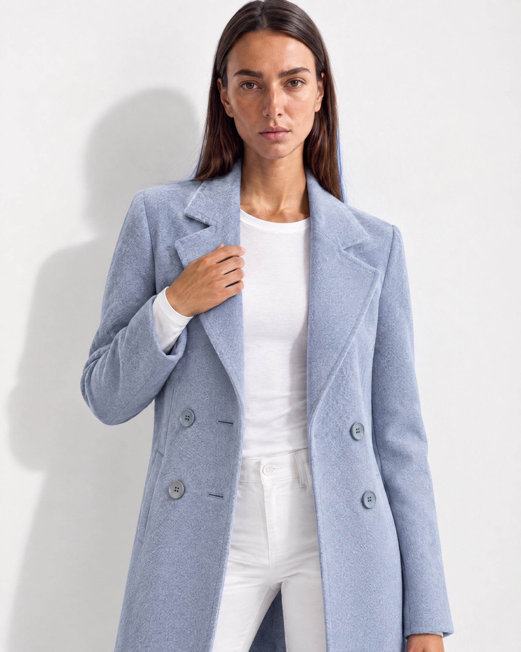 Light Blue Longline Coat Tailored Double Breasted Coat with Notch Lapel and Belted Waist
