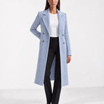 Light Blue Longline Coat Tailored Double Breasted Coat with Notch Lapel and Belted Waist