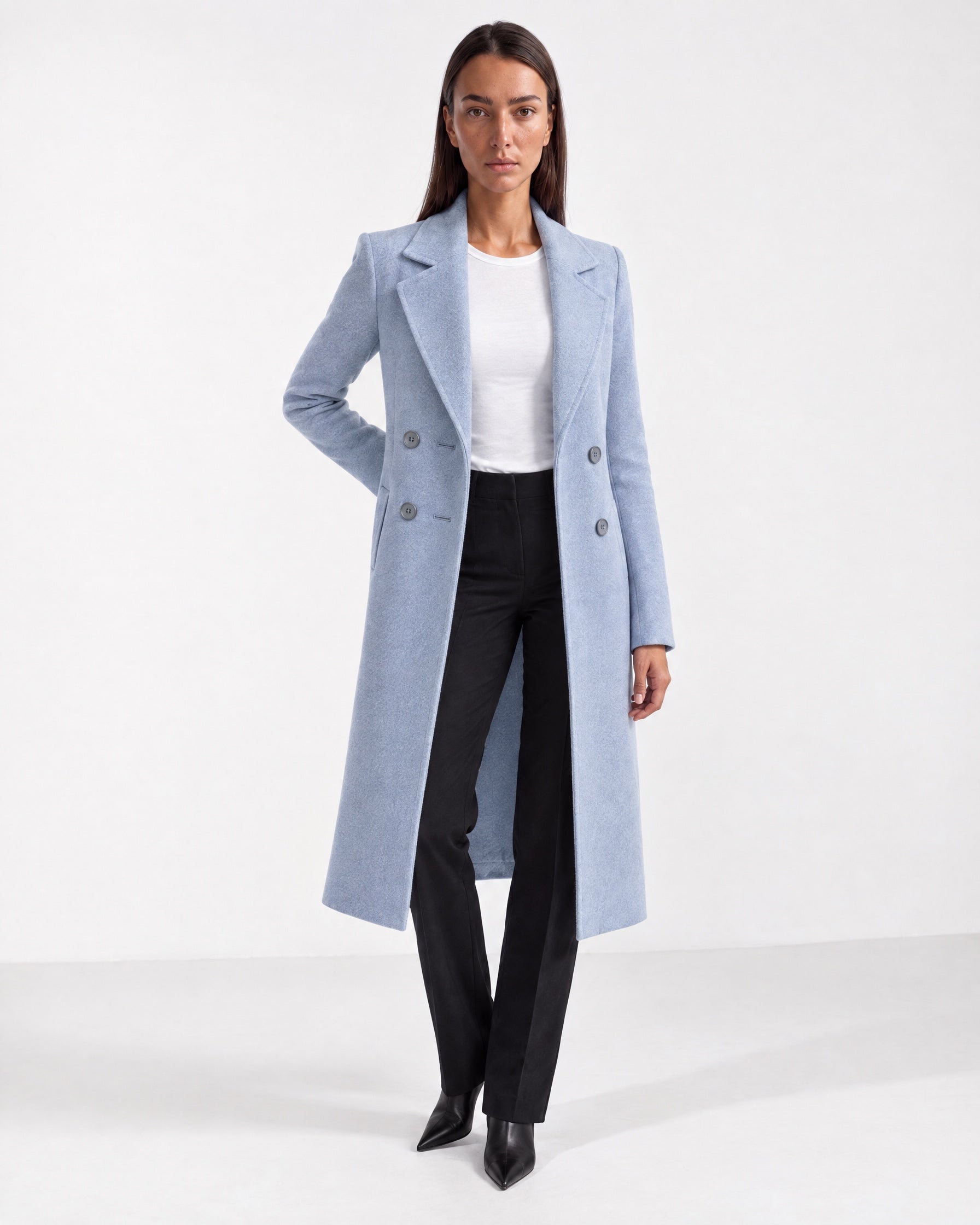 Light Blue Longline Coat Tailored Double Breasted Coat with Notch Lapel and Belted Waist