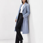 Light Blue Longline Coat Tailored Double Breasted Coat with Notch Lapel and Belted Waist