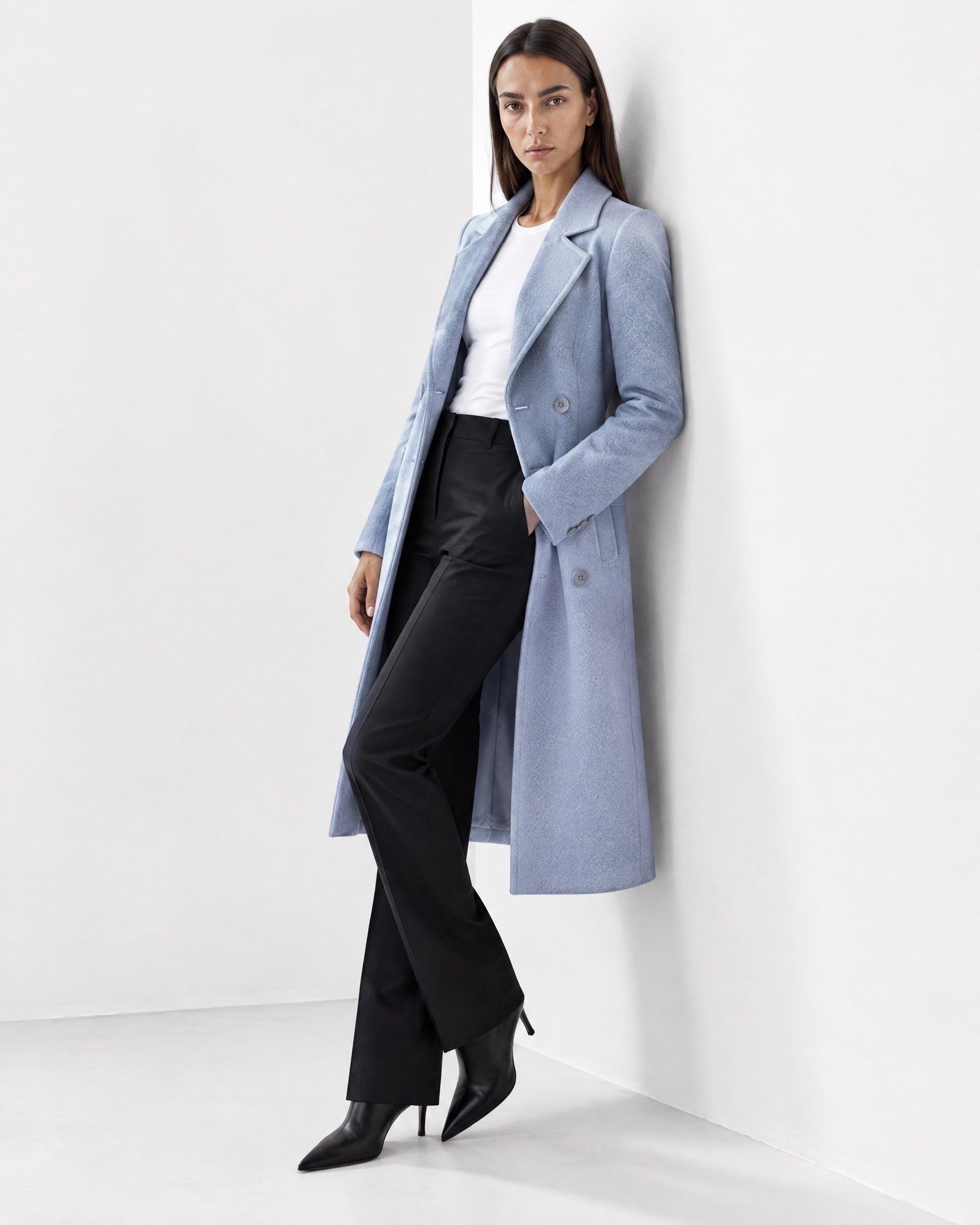 Light Blue Longline Coat Tailored Double Breasted Coat with Notch Lapel and Belted Waist