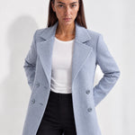 Light Blue Longline Coat Tailored Double Breasted Coat with Notch Lapel and Belted Waist