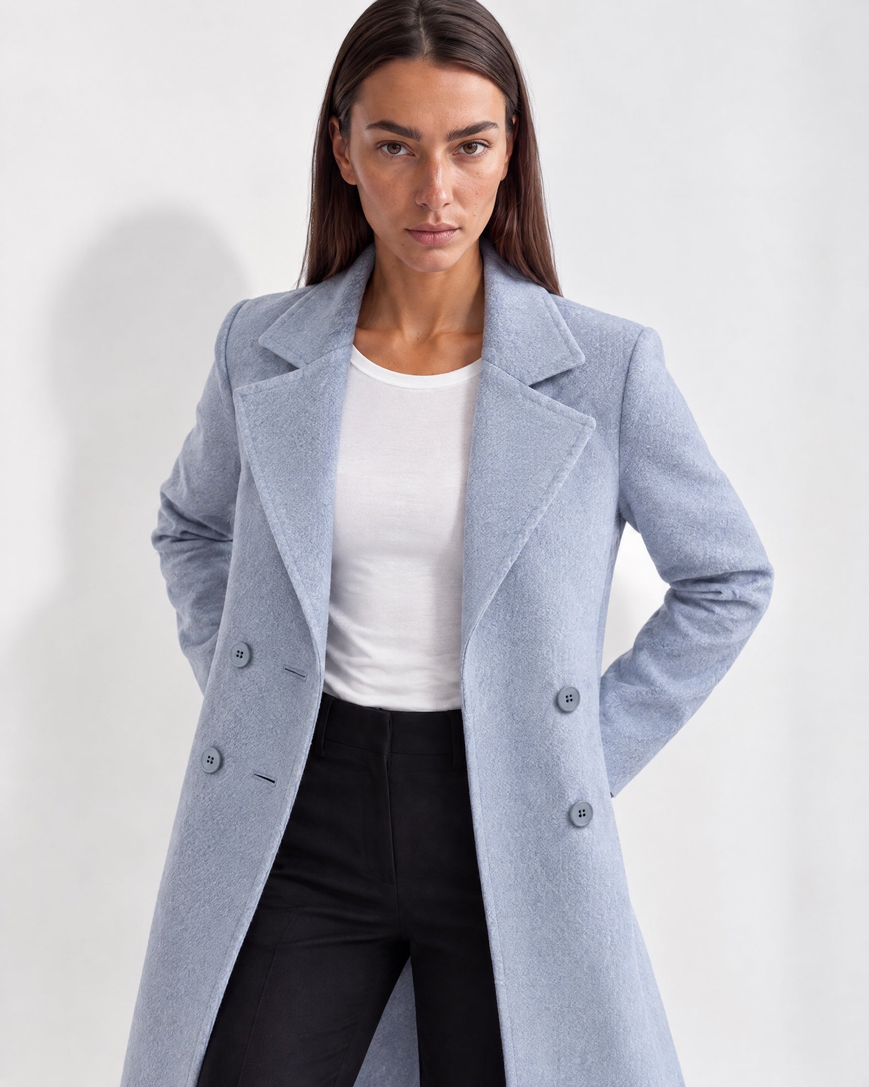 Light Blue Longline Coat Tailored Double Breasted Coat with Notch Lapel and Belted Waist