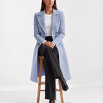 Light Blue Longline Coat Tailored Double Breasted Coat with Notch Lapel and Belted Waist