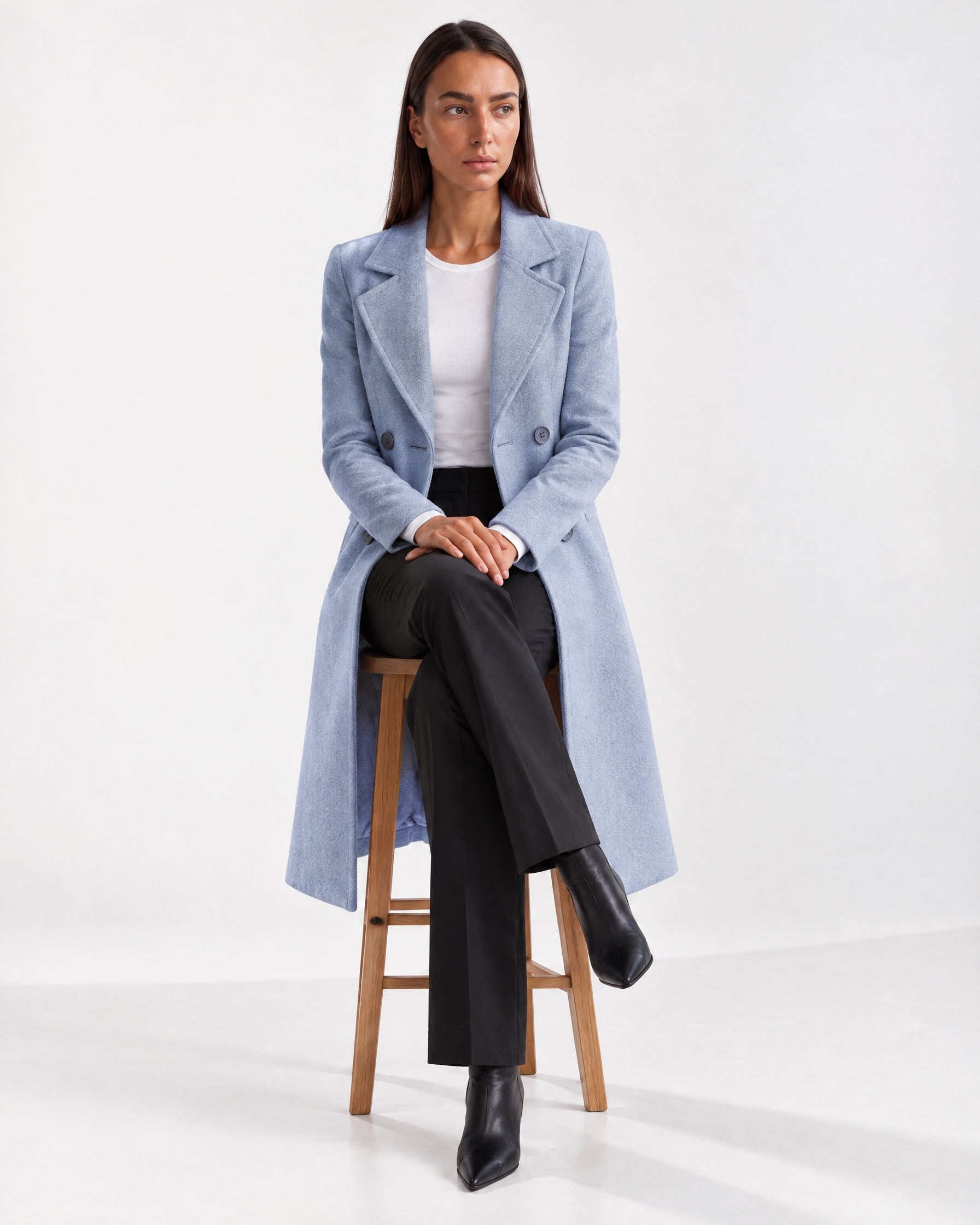 Light Blue Longline Coat Tailored Double Breasted Coat with Notch Lapel and Belted Waist