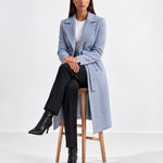 Light Blue Longline Coat Tailored Double Breasted Coat with Notch Lapel and Belted Waist
