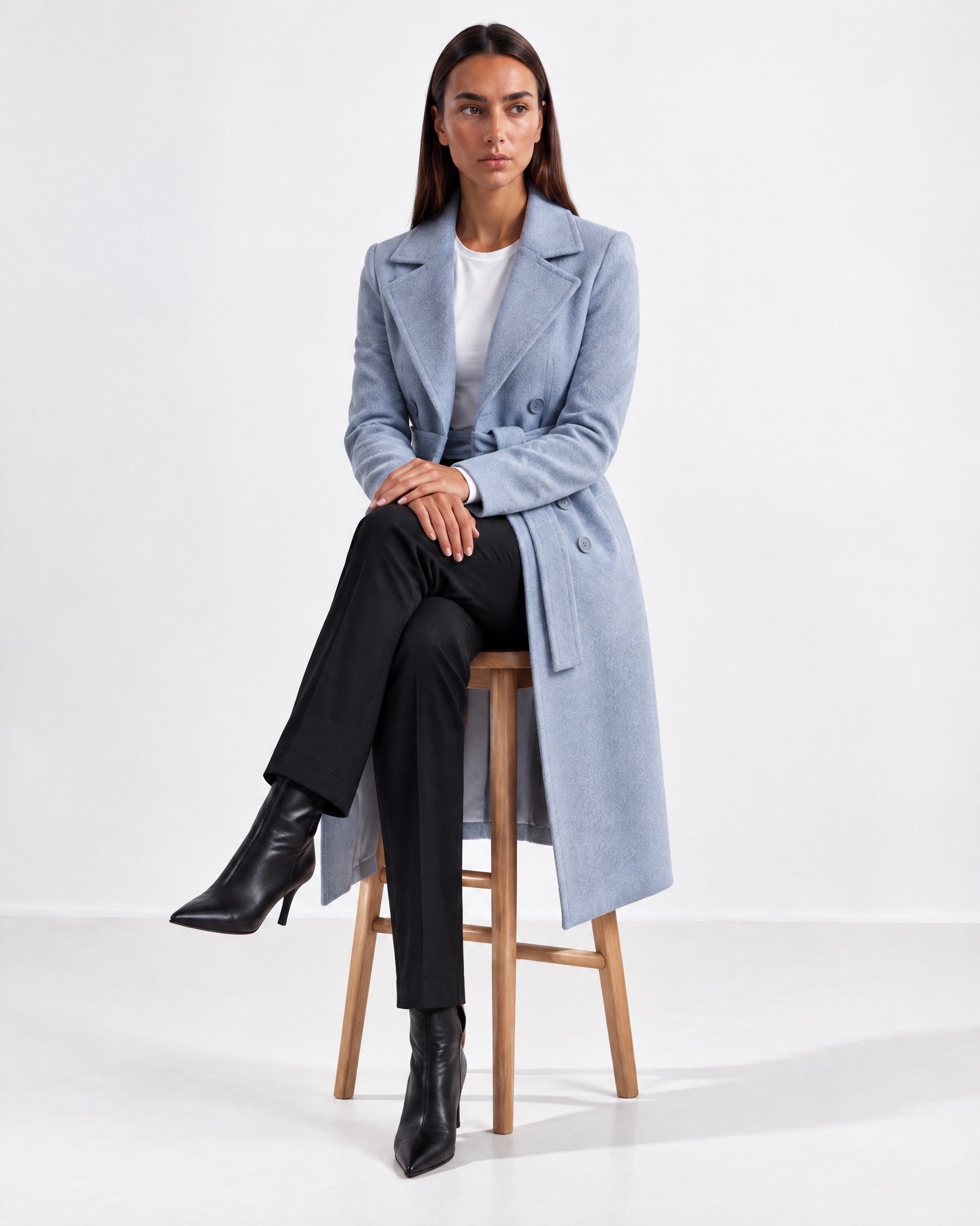 Light Blue Longline Coat Tailored Double Breasted Coat with Notch Lapel and Belted Waist