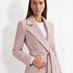 Pink Longline Coat Tailored Double Breasted Coat with Notch Lapel and Belted Waist