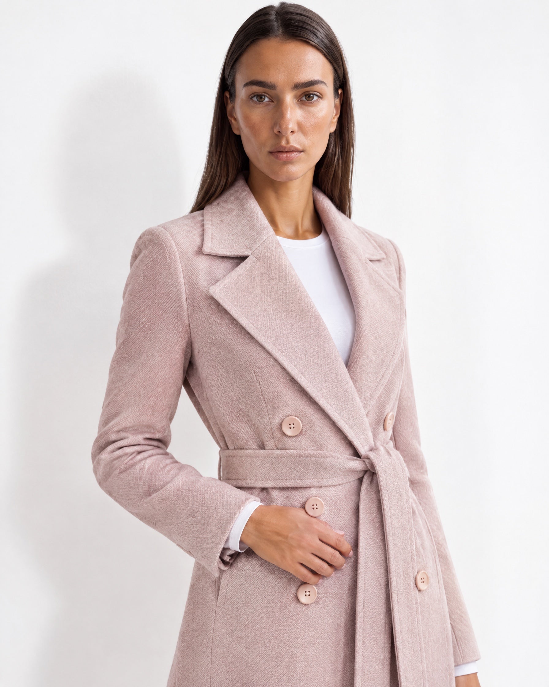 Pink Longline Coat Tailored Double Breasted Coat with Notch Lapel and Belted Waist