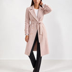 Pink Longline Coat Tailored Double Breasted Coat with Notch Lapel and Belted Waist
