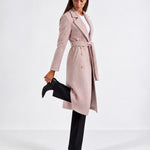 Pink Longline Coat Tailored Double Breasted Coat with Notch Lapel and Belted Waist