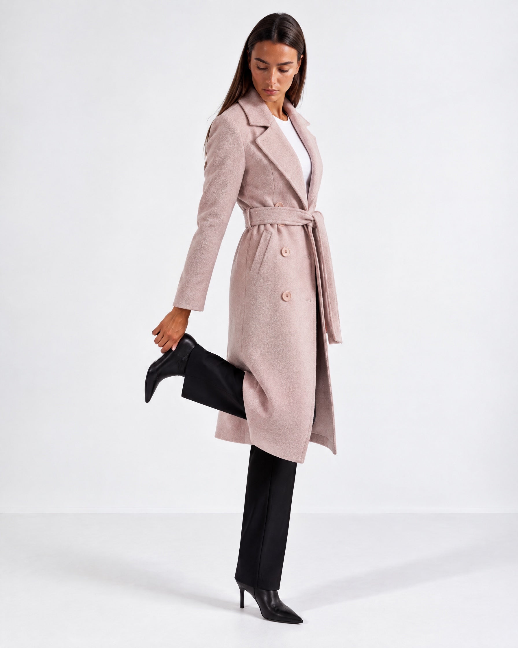 Pink Longline Coat Tailored Double Breasted Coat with Notch Lapel and Belted Waist
