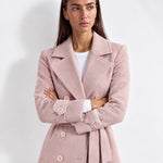 Pink Longline Coat Tailored Double Breasted Coat with Notch Lapel and Belted Waist