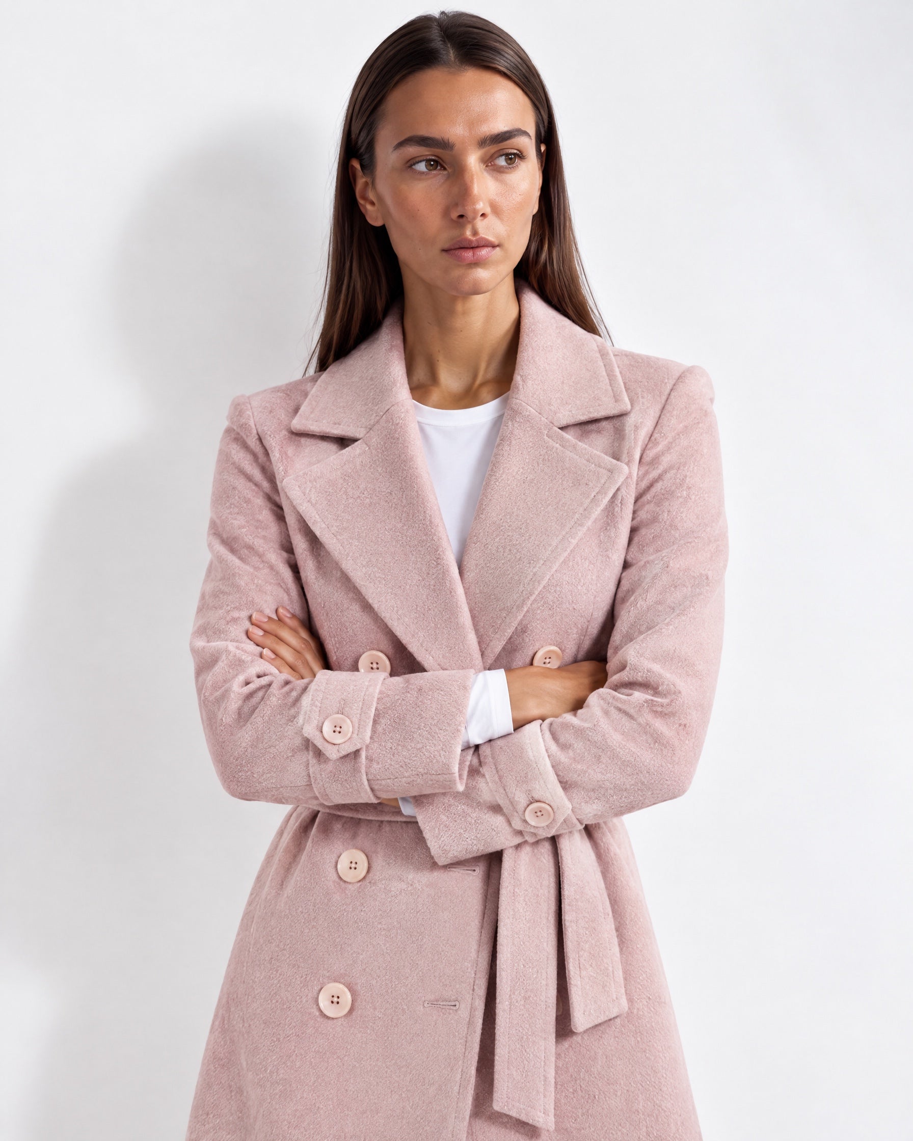 Pink Longline Coat Tailored Double Breasted Coat with Notch Lapel and Belted Waist