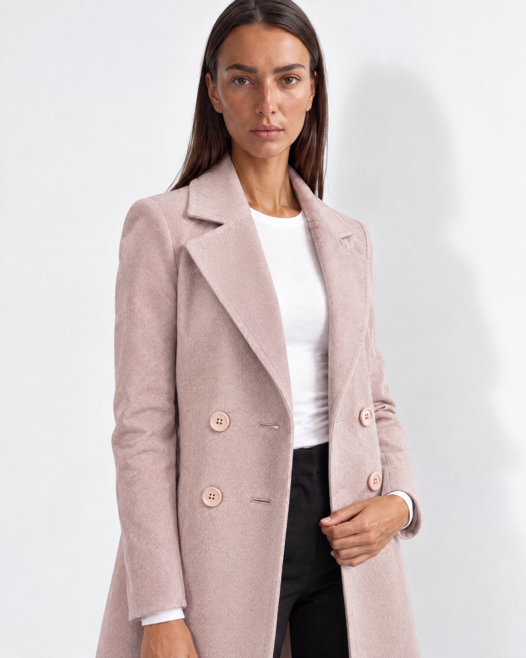 Pink Longline Coat Tailored Double Breasted Coat with Notch Lapel and Belted Waist