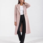 Pink Longline Coat Tailored Double Breasted Coat with Notch Lapel and Belted Waist