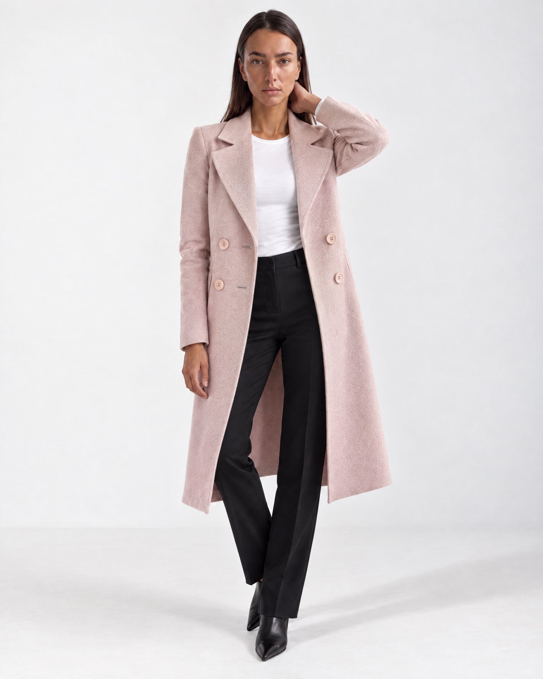 Pink Longline Coat Tailored Double Breasted Coat with Notch Lapel and Belted Waist