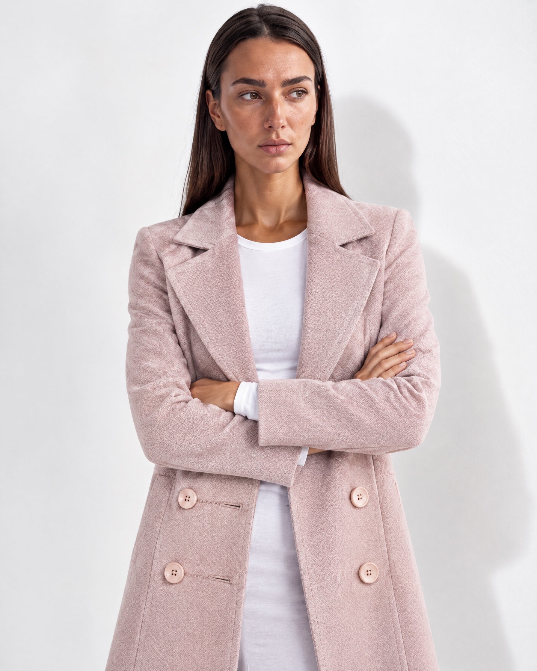 Pink Longline Coat Tailored Double Breasted Coat with Notch Lapel and Belted Waist