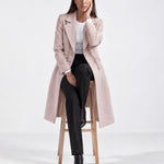 Pink Longline Coat Tailored Double Breasted Coat with Notch Lapel and Belted Waist